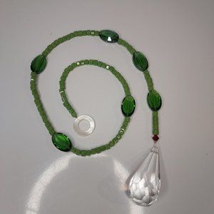 Green glass beaded Suncatcher with 2" Crystal faceted Drop